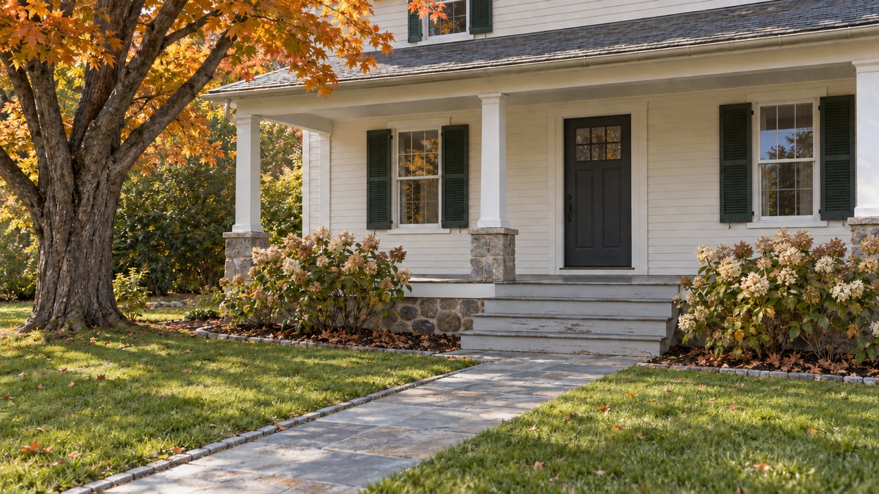 Cream clapboard home with paired dark green window shutters, a covered porch, bluestone walk and amber maple foliage.