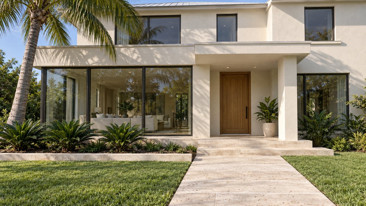 Cream stucco home with dark-framed windows, a covered oak entry, shell-stone approach and a curved coconut palm.