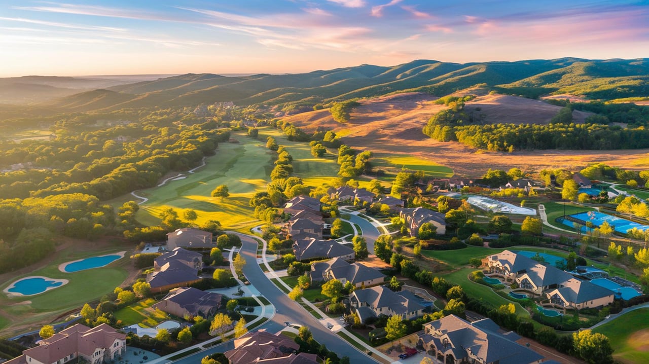 Aerial view of a sprawling residential community among rolling green hills, with curving roads and a golf course.