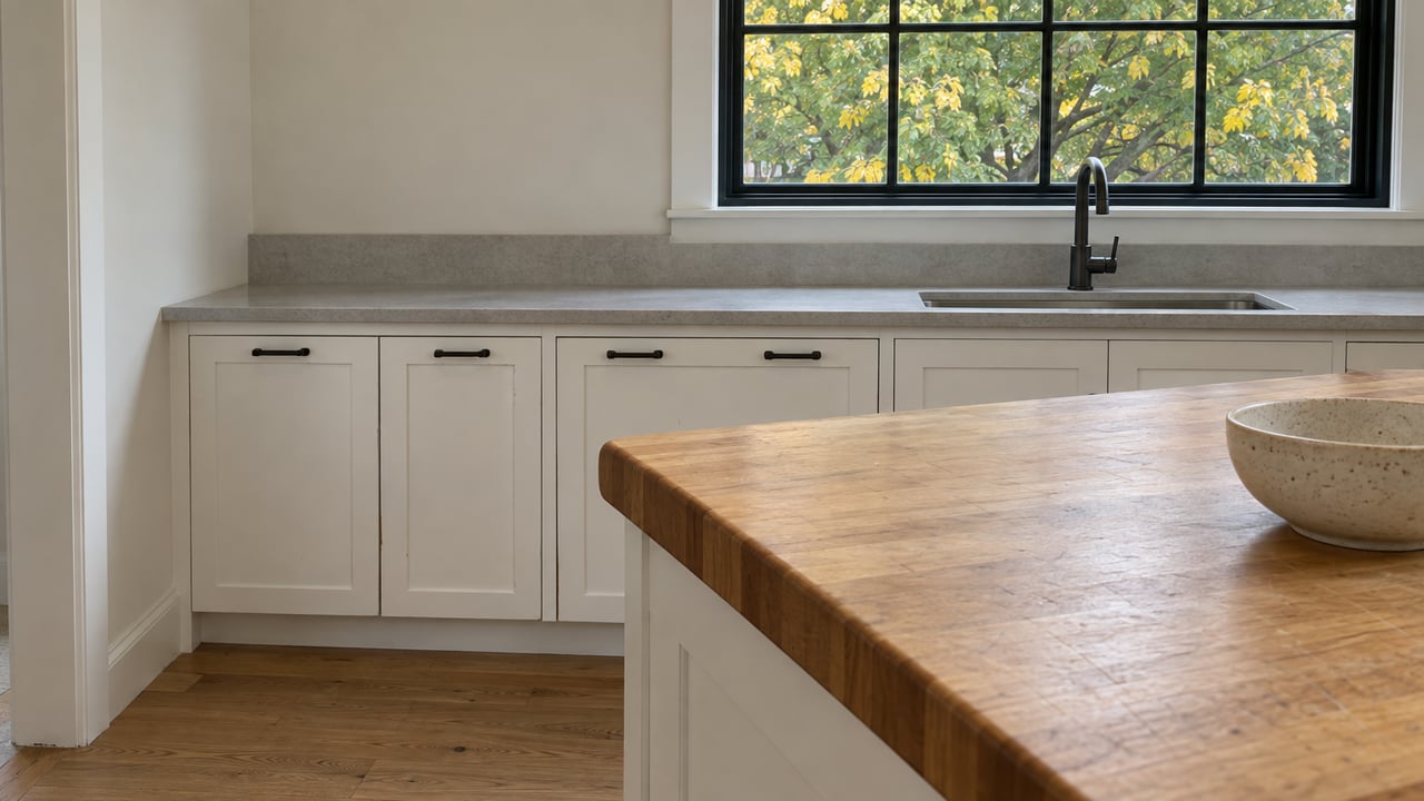 Warm maple kitchen island beside white Shaker cabinetry and a black divided-pane window overlooking autumn redbud leaves.