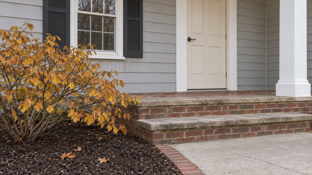 Autumn light on a pale-gray sided home with an ivory entry door, dark shutters, brick porch steps, and an ochre-leaved witch hazel.