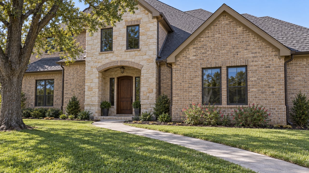 Broad brick and pale limestone home with pitched shingle roofs, a recessed oak entrance, and a generous lawn crossed by a concrete walk.