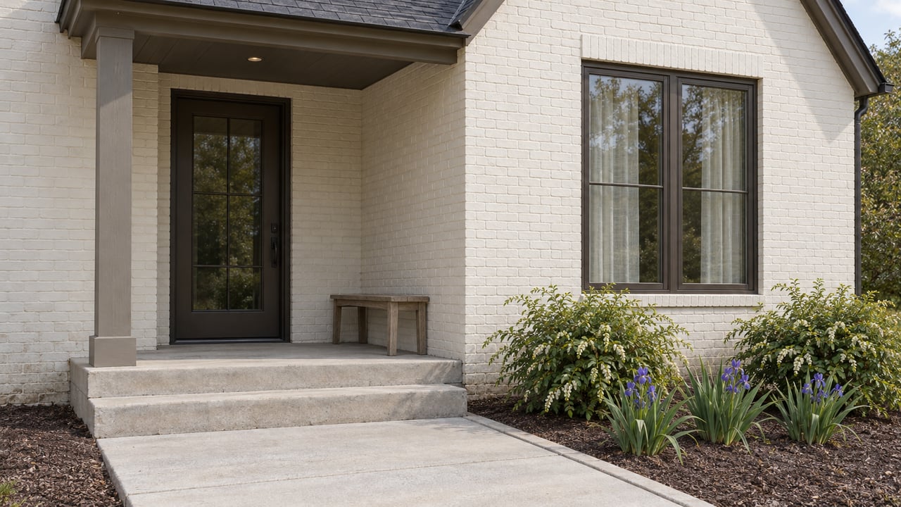 Ivory brick home with a sheltered dark-bronze entry, paired window, concrete steps, and a small planted garden.