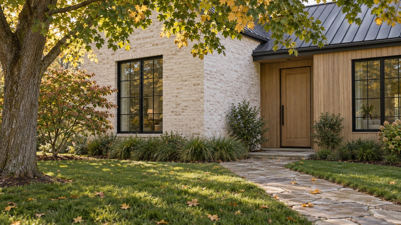 Renovated brick-and-oak house beneath a maple with green and honey-gold leaves, stone path crossing the lawn.