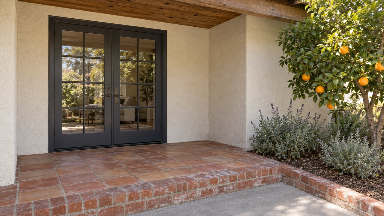 Sunlit terra-cotta entry landing beneath a wood porch roof, with charcoal French doors, an orange tree and silver-leaved sage.