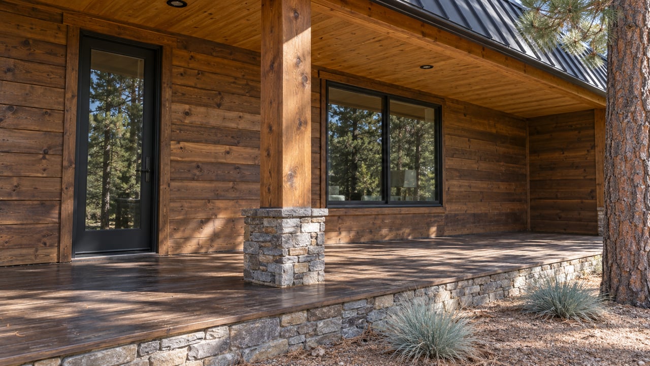 Covered timber porch with a dark-framed glass door and window, stone post base, and pine trunk at right.