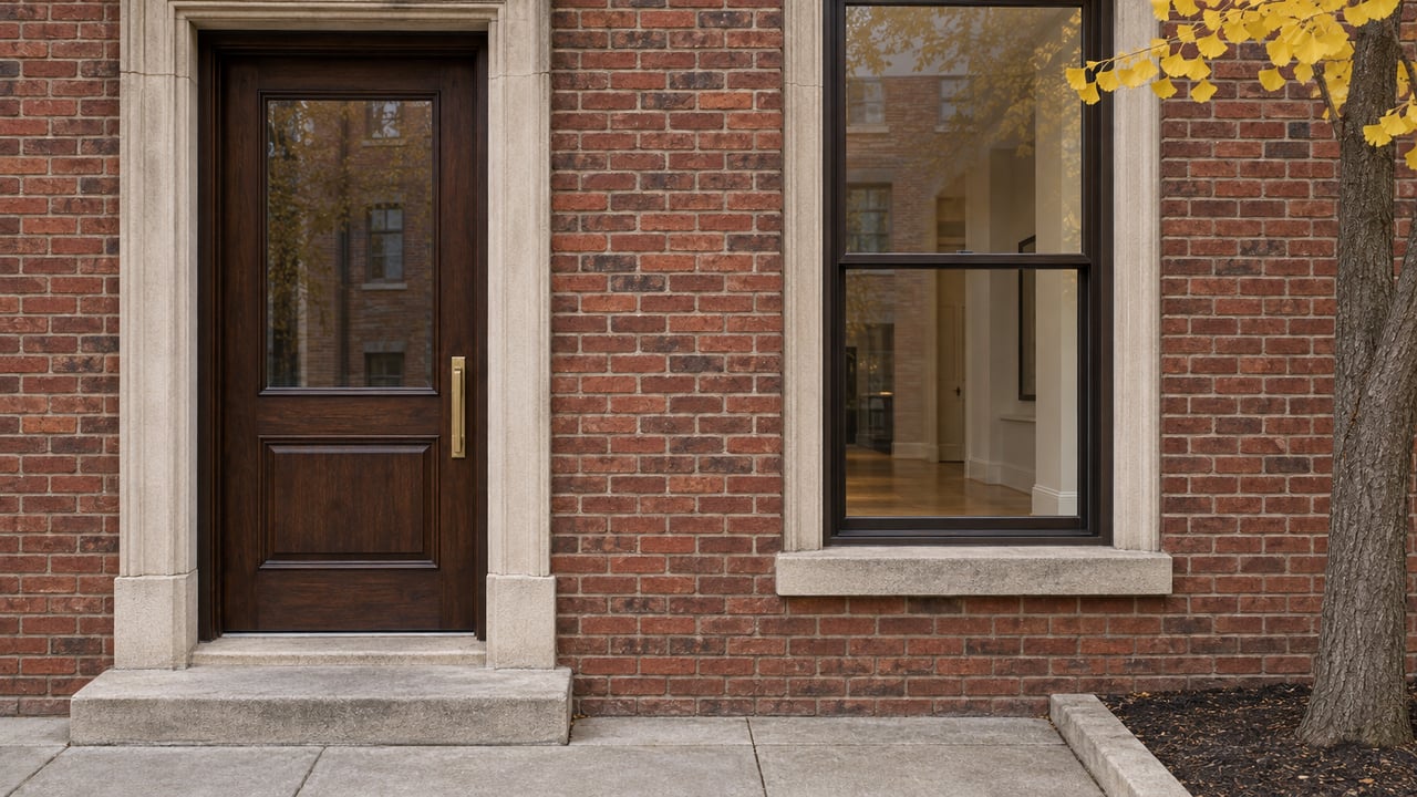 Red brick residential entrance with a limestone surround, glazed oak door, tall bronze-framed window, and yellow ginkgo leaves.