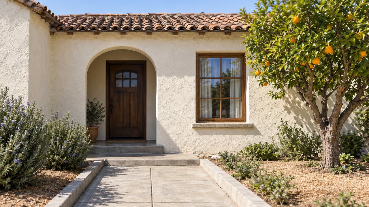 Modest cream-stucco house with a clay-tile roof, arched walnut door, divided-light window, citrus tree, and rosemary beds.