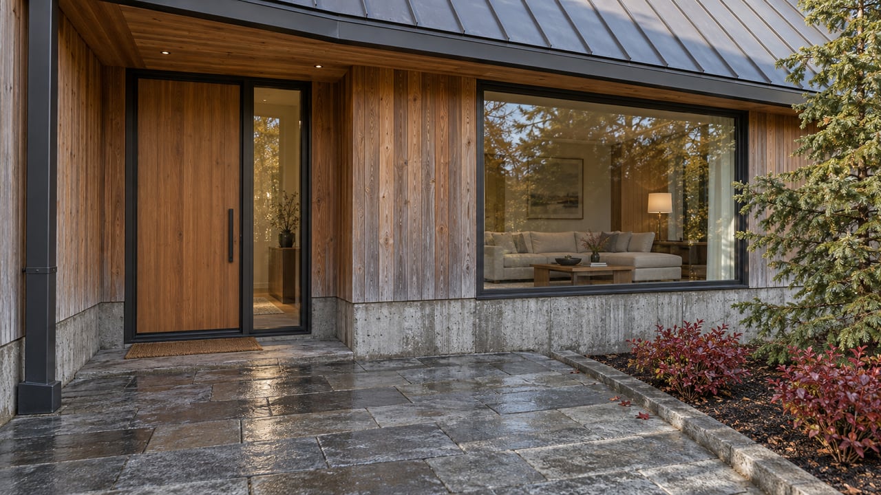 Covered cedar entry and bronze-framed window above a rain-darkened stone terrace, with red autumn foliage and an irregular mountain hemlock.