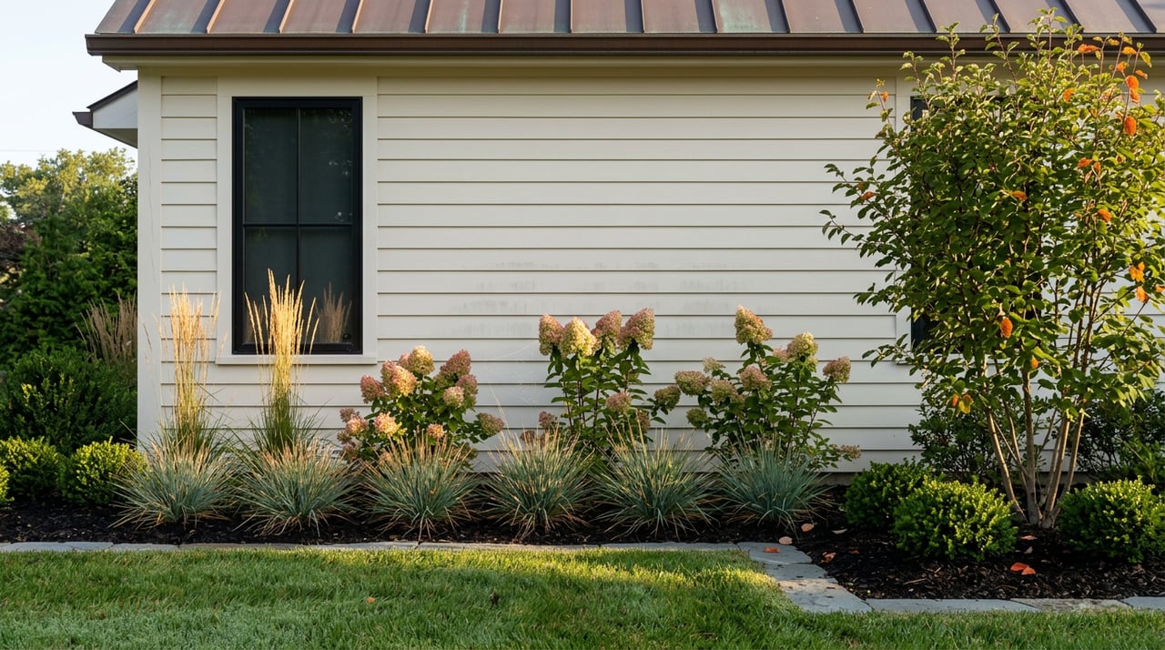 Dewy side-yard garden with bluestone edging, pink-tipped hydrangeas, ornamental grasses, and an off-white gable wall.