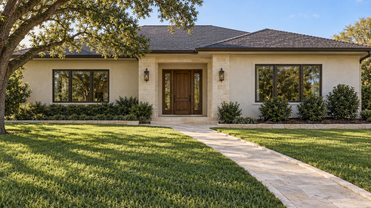 A broad ivory stucco home with a charcoal hip roof, limestone entry walk and mature oak beside a deep green lawn.