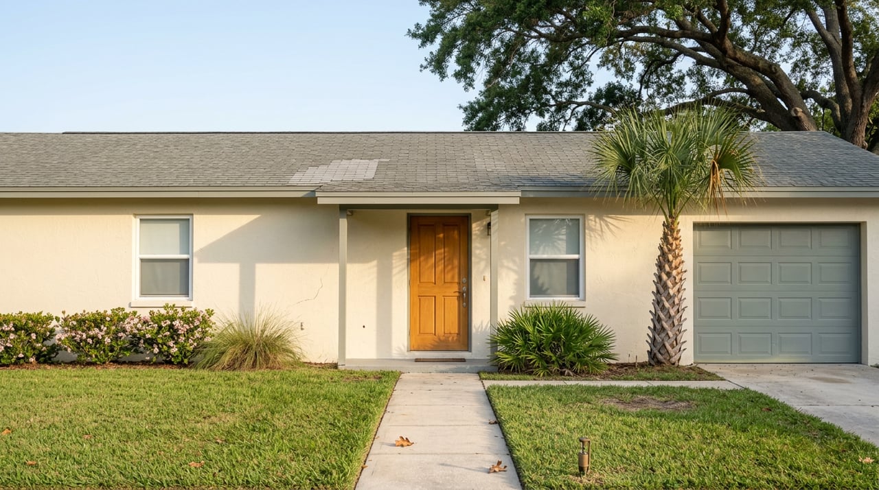 Cream stucco ranch house with a centered entry, sage-gray garage door, oak canopy, and walkway across the lawn.