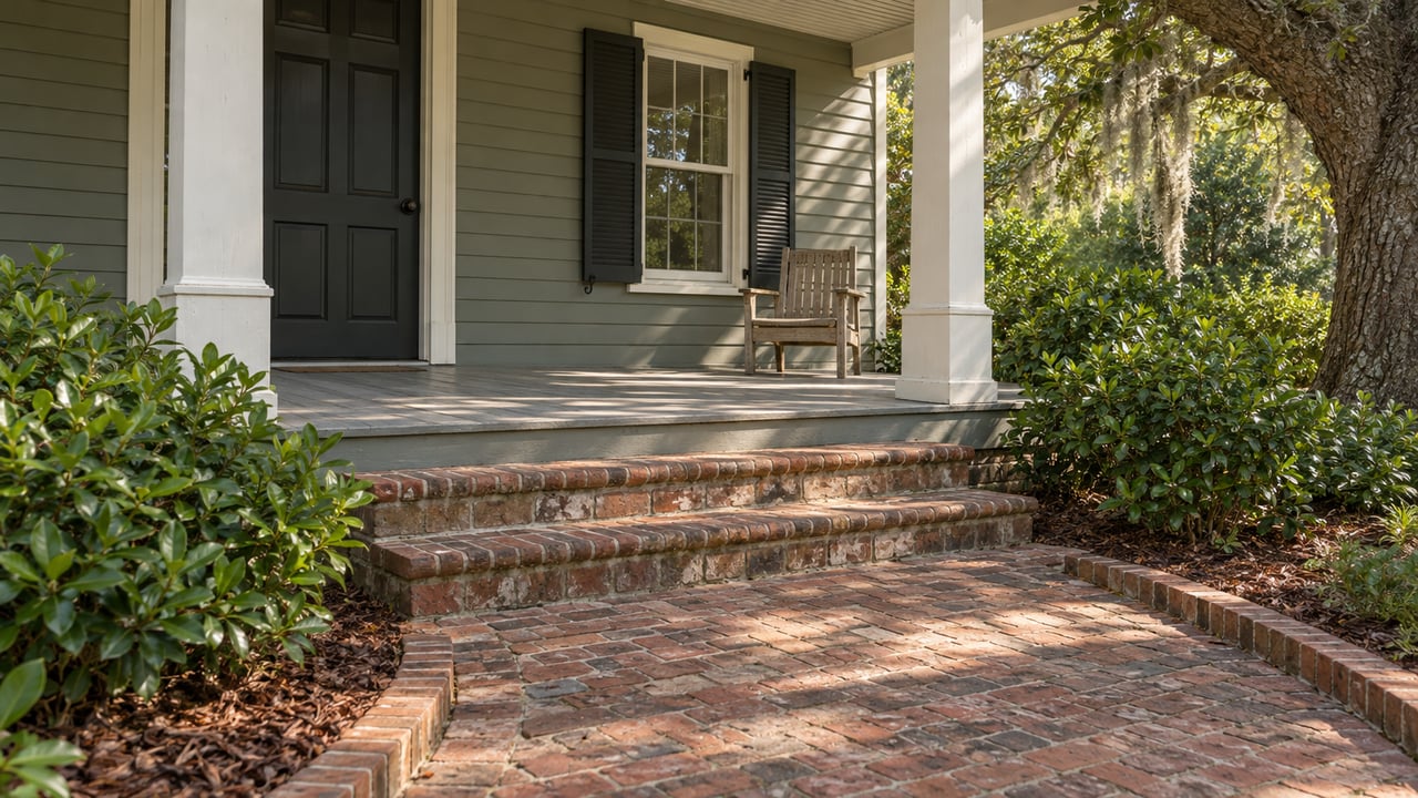 Gray-green home veranda with dark shutters, weathered brick steps and a live oak beside a planted garden approach.