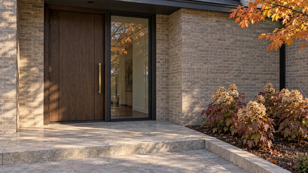 Autumn light on a modern brick home's oak entrance, brass handle and limestone approach beside burgundy oakleaf hydrangeas.