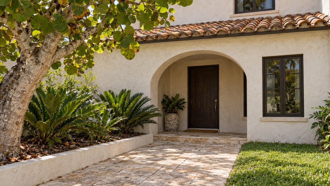 Stucco Mediterranean Revival house with an arched portico, dark timber door, terracotta roof, and sea-grape tree.