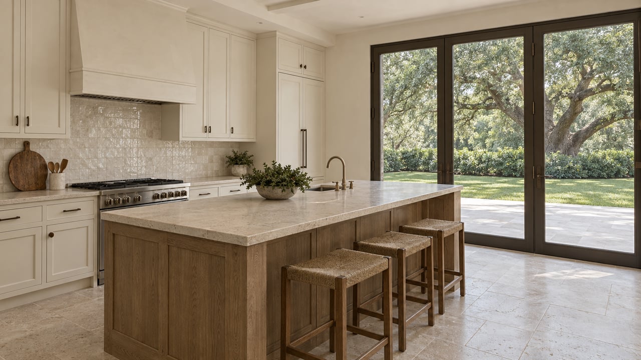 Ivory kitchen with a limestone island and dark-framed glass doors overlooking a lawn and mature oak.