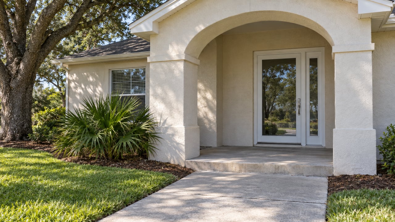 Cream stucco home entry with an arched porch, closed glazed door, concrete approach, live oak and clipped lawn.