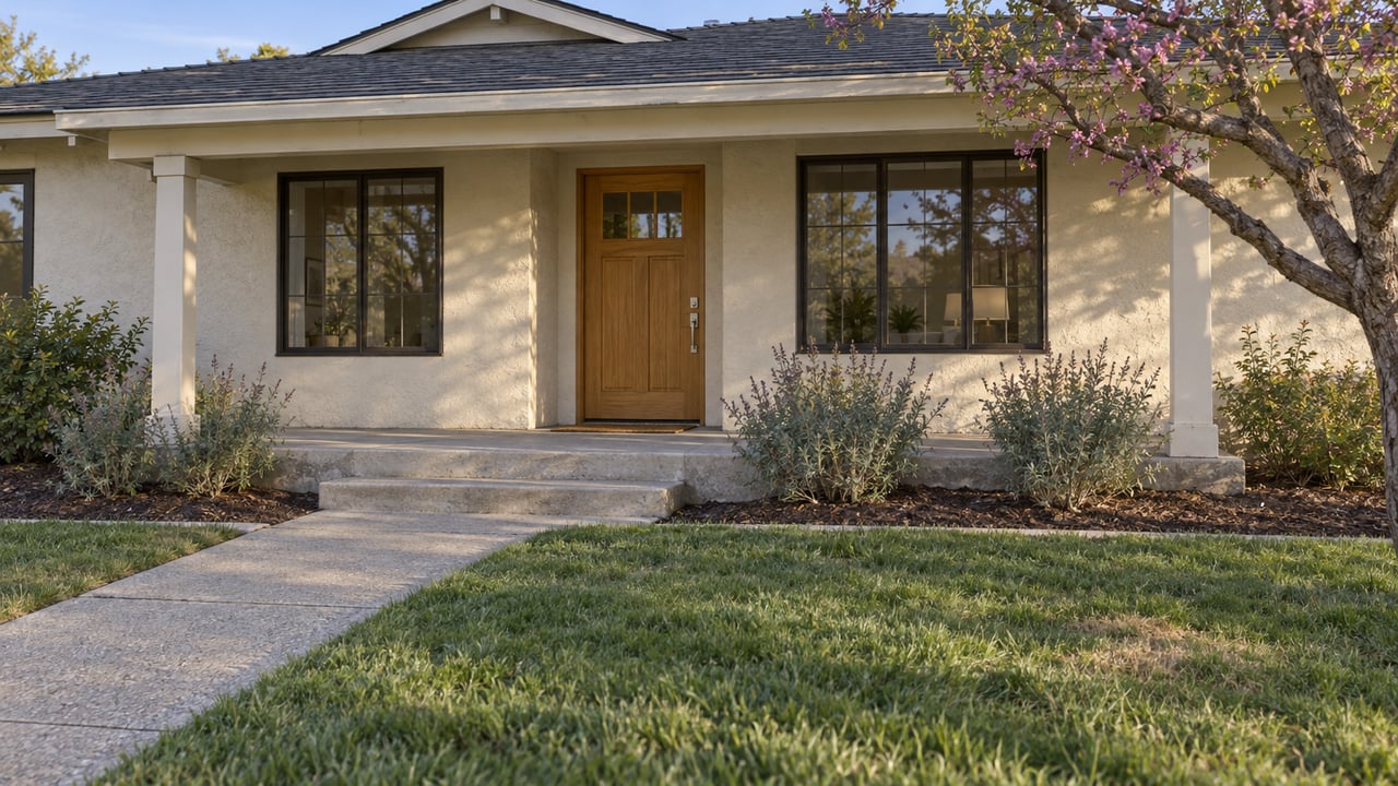 A modest stucco home with a shaded timber-supported porch, oak front door, deep lawn, and concrete walkway in late-afternoon light.