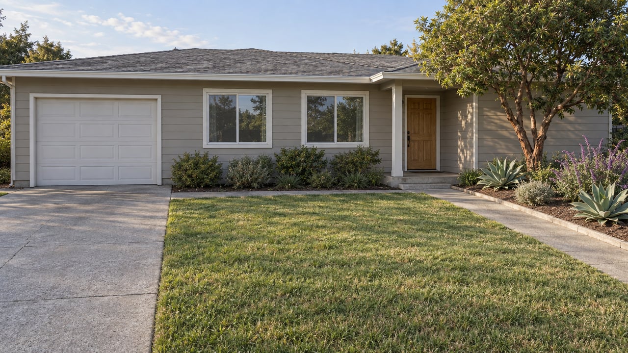 A low-profile gray-sided home with a deep front lawn, concrete driveway and sculptural drought-tolerant planting in soft afternoon light.