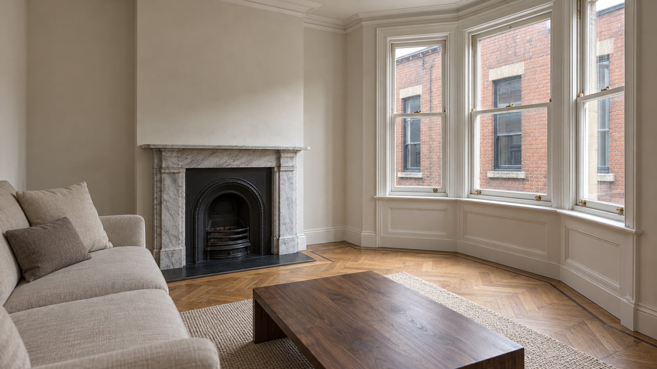 Daylight fills a townhouse sitting room with an oatmeal sofa, oak herringbone floor, marble fireplace and tall glazed bay windows.