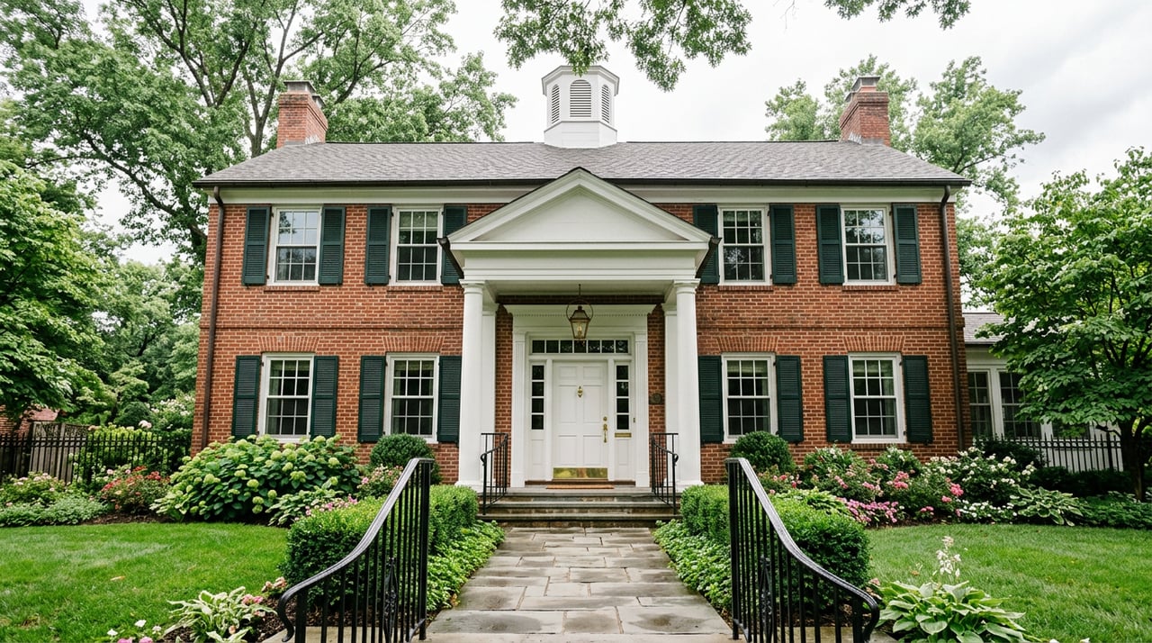 Two-story brick Colonial home with a symmetrical facade, covered entry portico, front walkway, and foundation plantings.
