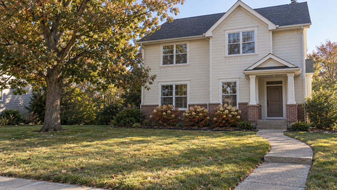An ivory clapboard home with a deep autumn lawn, brick foundation, curved concrete walk and mature bur oak in morning light.