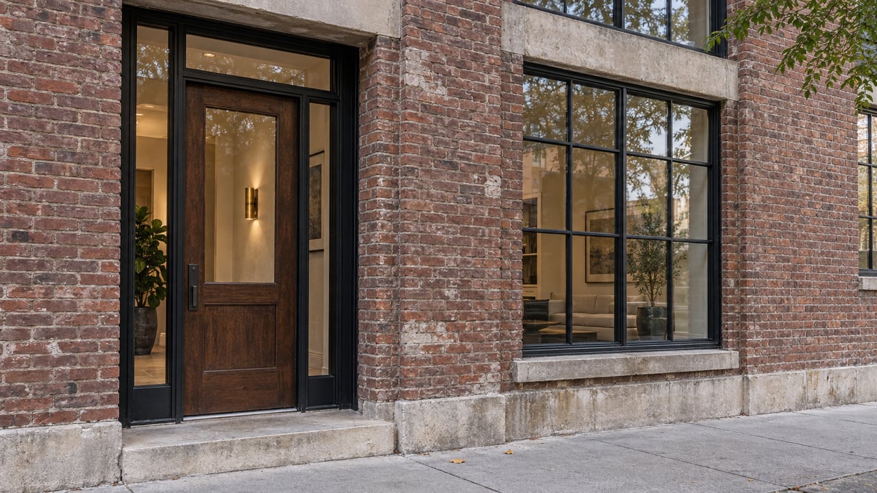 Brick loft facade with a recessed oak entrance, black grid windows, and a glimpse of a brass-lit lobby.