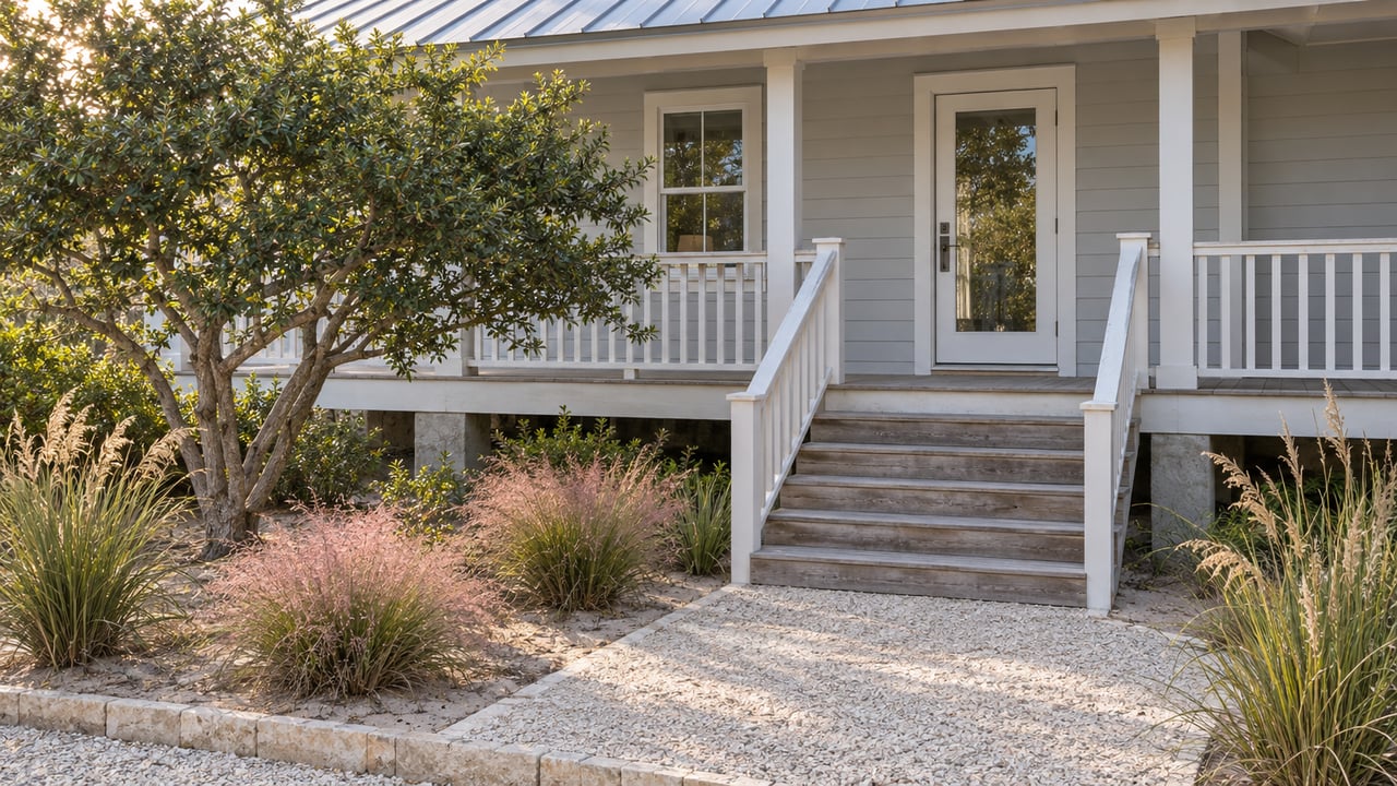Pale-gray elevated home with a shaded white-trimmed entry porch, weathered wooden steps and pink muhly grass beside a shell-aggregate approach.