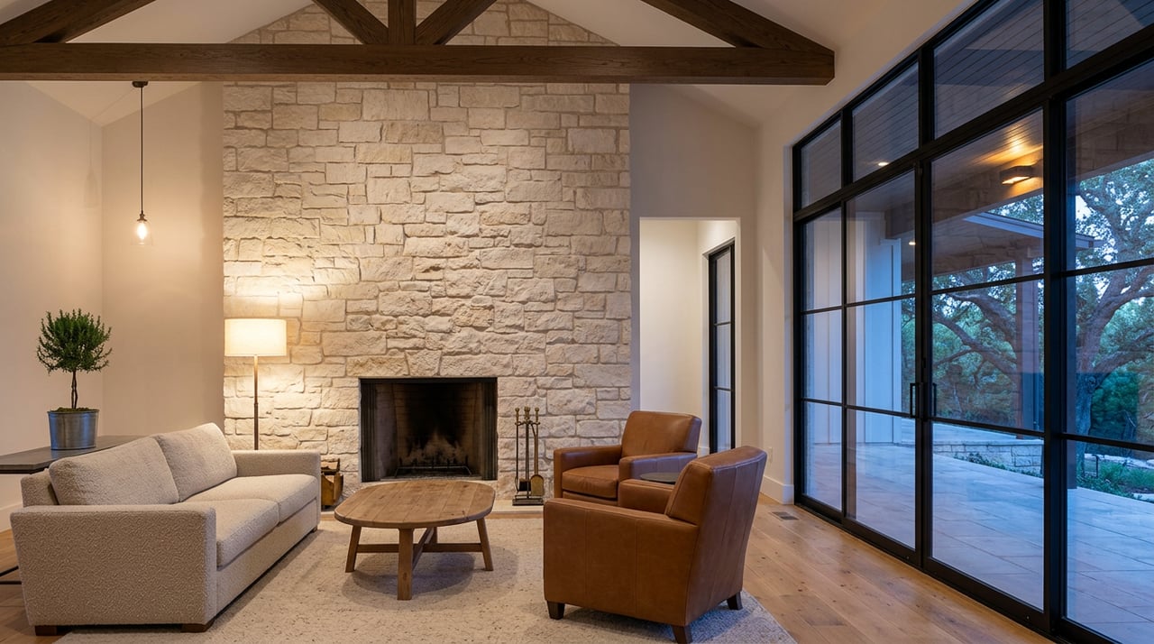 Great room with a limestone fireplace, dark oak trusses, and twilight beyond black-framed windows.