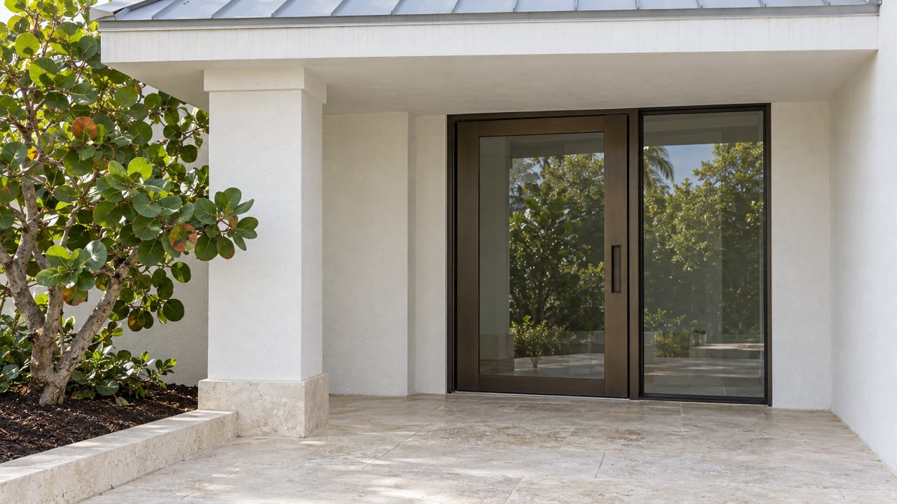 White stucco home entry with bronze-framed glass, a pale limestone landing and a sculptural sea grape tree beneath a metal-roofed porch.