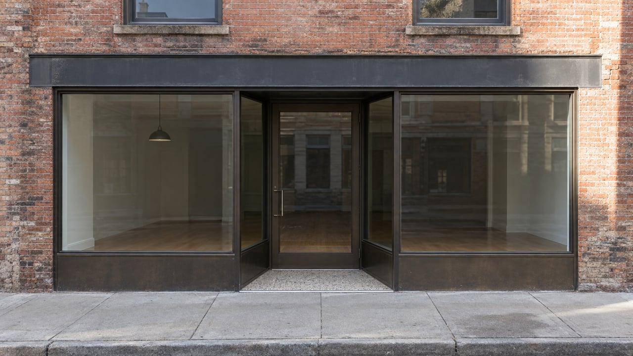 Older brick storefront with bronze-framed display windows and a recessed glass entrance beneath two upper windows.