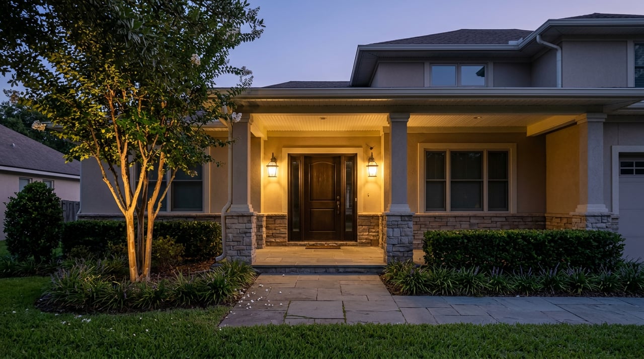 Stone-clad home entry with a bronze door, warm lanterns, bluestone walkway, and uplighted trees at dusk.
