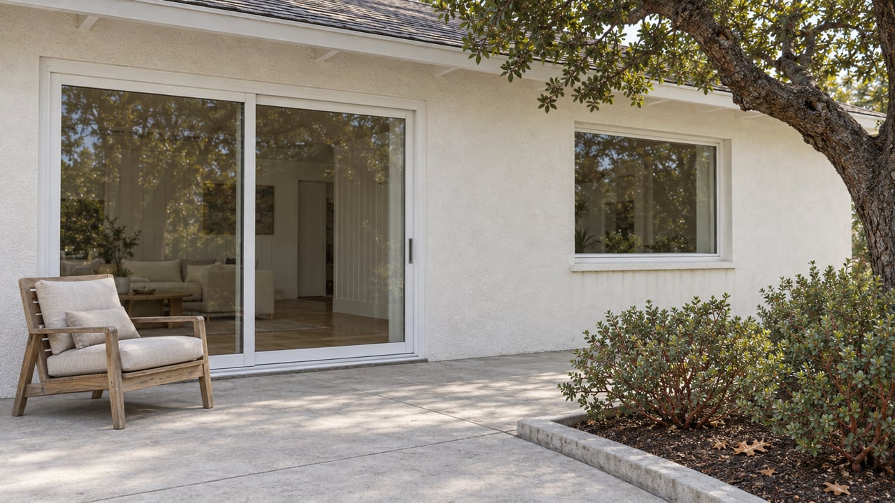 A sunlit stucco home opens onto a concrete terrace with a teak chair and a curbed garden of oak and manzanita.