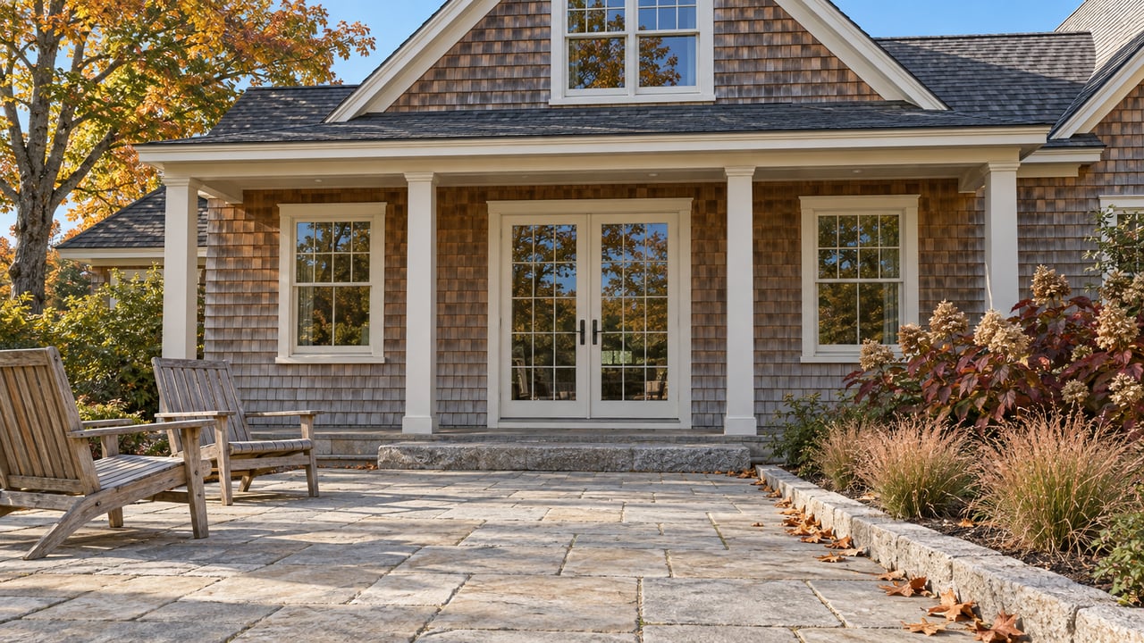 Cedar-shingled cottage with white-trimmed windows, a limestone terrace, two weathered teak chairs and autumn garden planting.