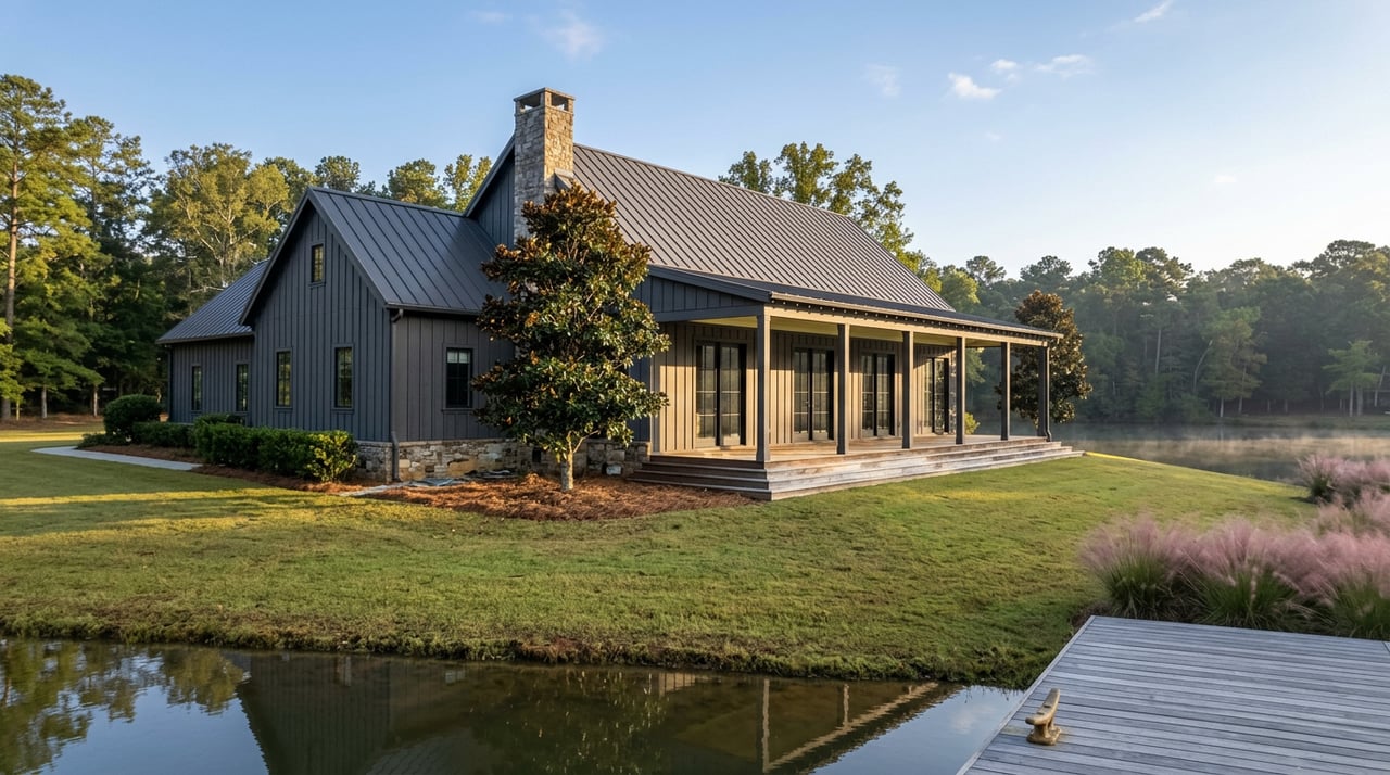 Charcoal-sided lakefront house with covered porch, broad lawn, magnolia, and dock beside still water.