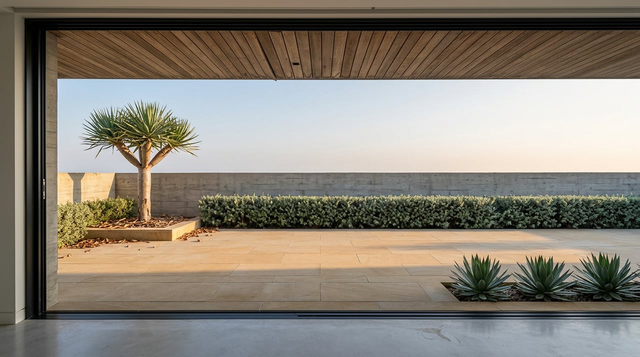 Sunlit stone terrace with a dragon tree, agaves, and clipped hedge beneath a timber overhang.