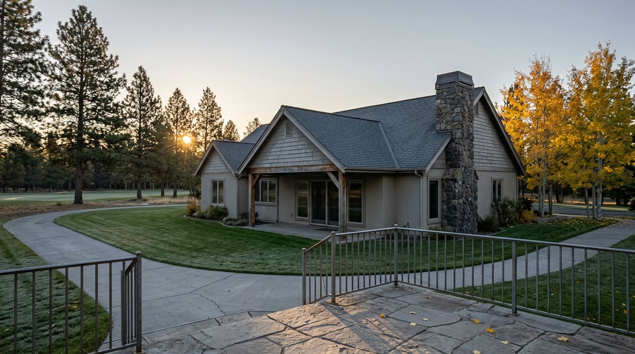 Estate home with a covered patio, flagstone terrace, and golden aspens beside a broad lawn and pine tree line.