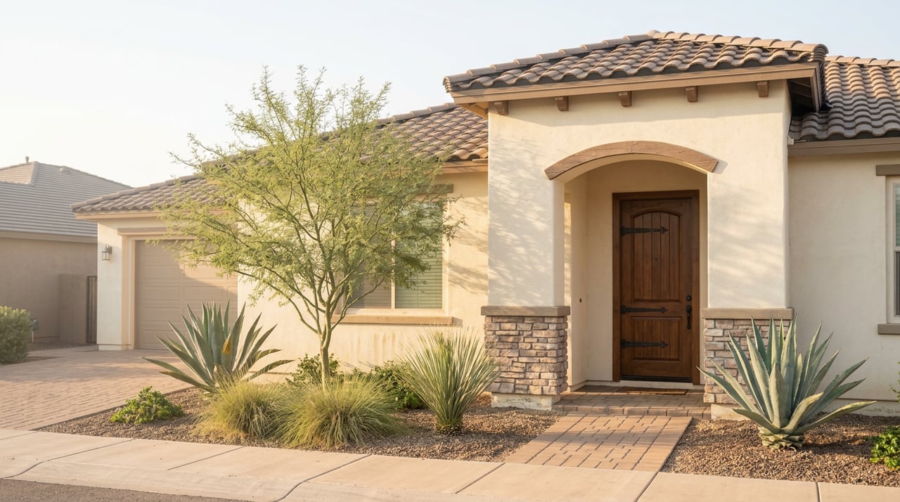 Cream stucco home with an arched wood-beamed entry, stone veneer, tile roof, and desert landscaping.