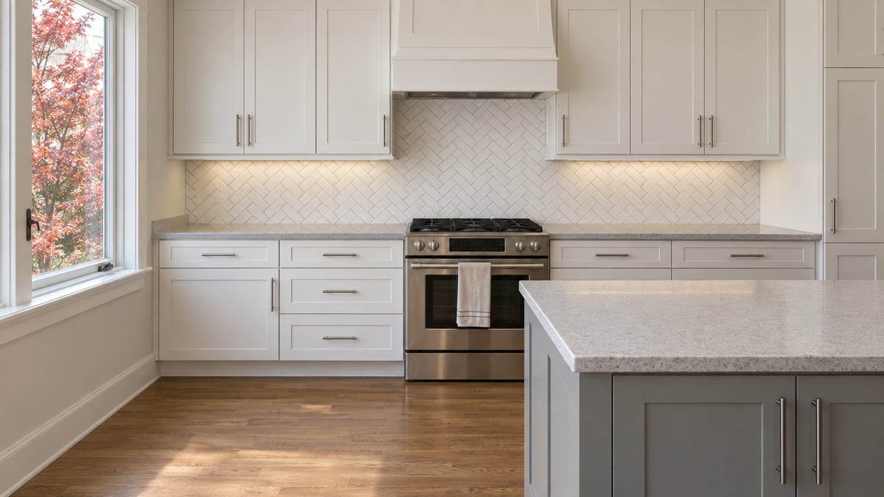 Warm-white shaker cabinets and gray island in a kitchen with a herringbone backsplash and window-side tree.