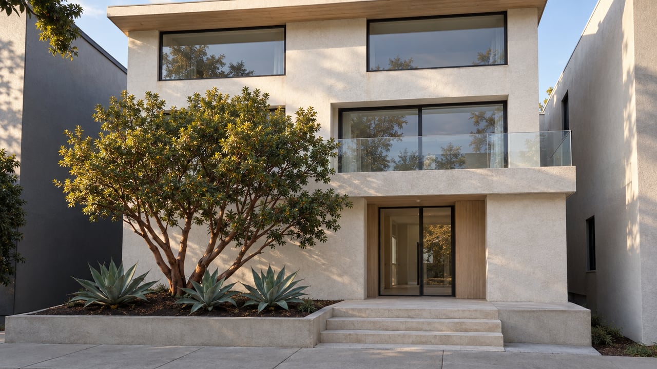 Three-story stucco home with black-framed glazing, a glass terrace balustrade, limestone entry steps and sculptural planting.