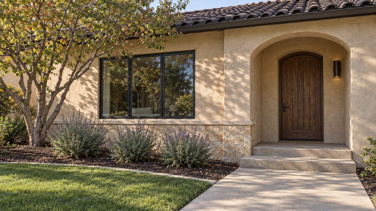 Morning light on a beige stucco home with a tiled roof, oak entry door, broad window and planted front garden.