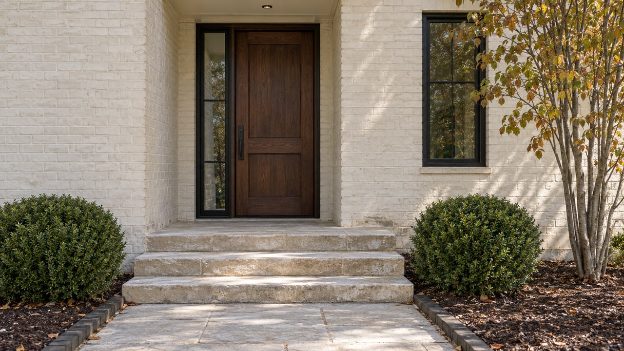 Cream-painted brick entry with a walnut door, limestone steps, clipped boxwoods, and a small autumn-leaved tree.