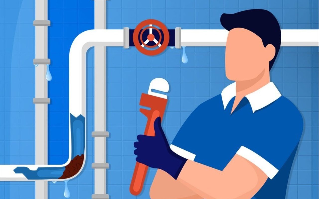 Illustrated plumber holding a red wrench beside dripping pipes, one clogged with brown debris.