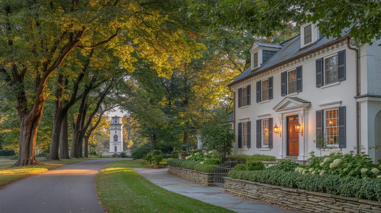 White colonial-style house beside a tree-lined road, with a distant clock tower visible through the trees.