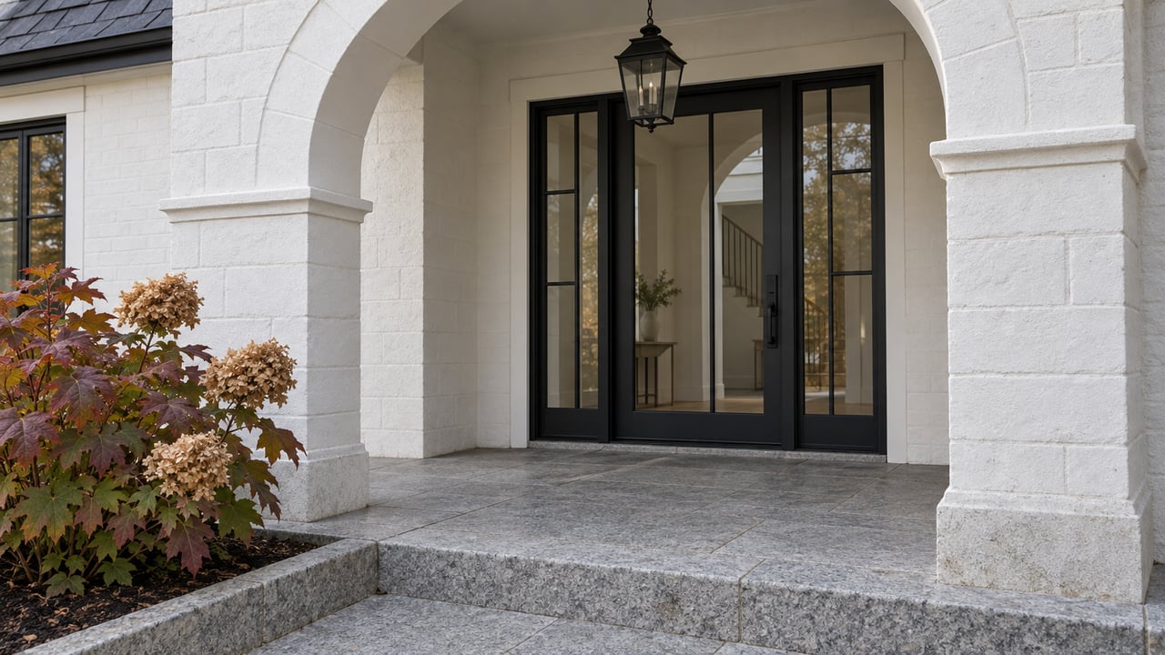 White arched home entry with black-framed glass door, granite porch and autumn oakleaf hydrangea.