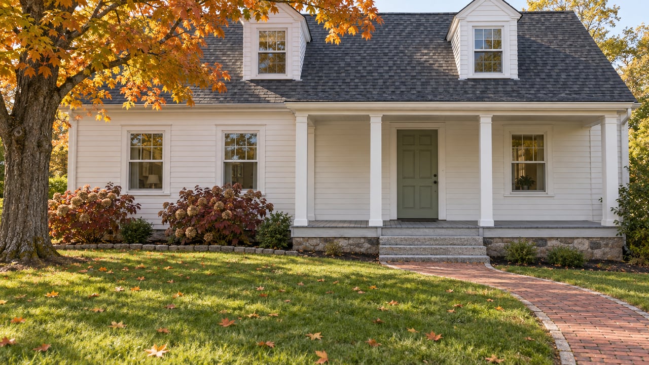 White clapboard home with a covered porch, granite steps, brick walk, and a deep autumn lawn beneath an orange sugar maple.