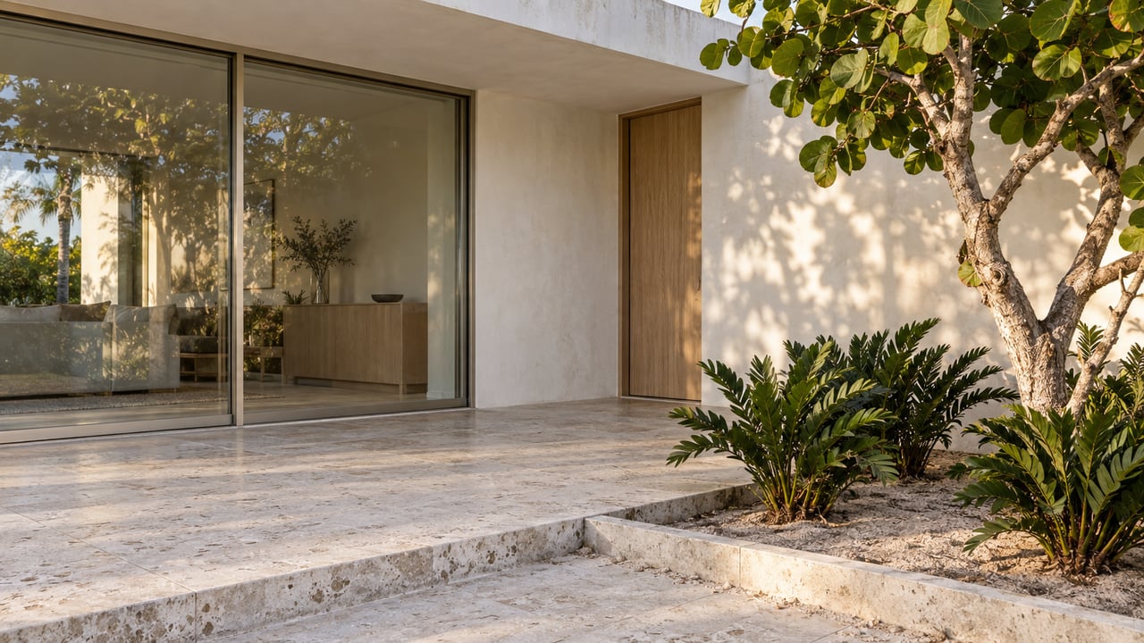 Close view of a white coastal home's glazed terrace corner, pale limestone paving and a sea-grape tree beside a raised stone edge.