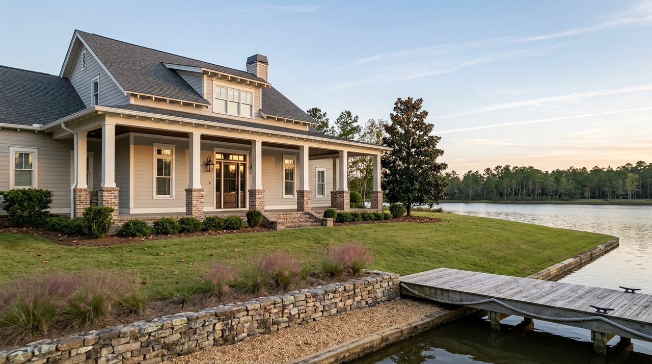 Custom lakefront home with a covered porch, sloping lawn, stone retaining wall, and wooden dock beside calm water.