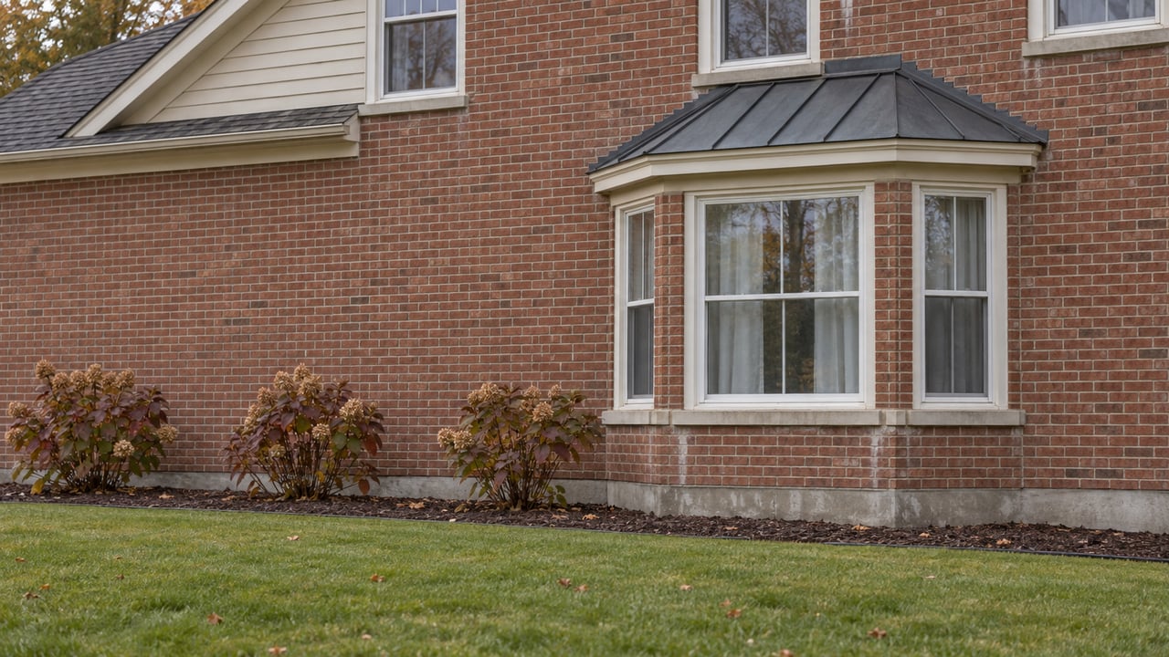 Red-brown brick home with white sash bay windows, a weathered metal bay roof, autumn oakleaf hydrangeas, and a deep green front lawn.