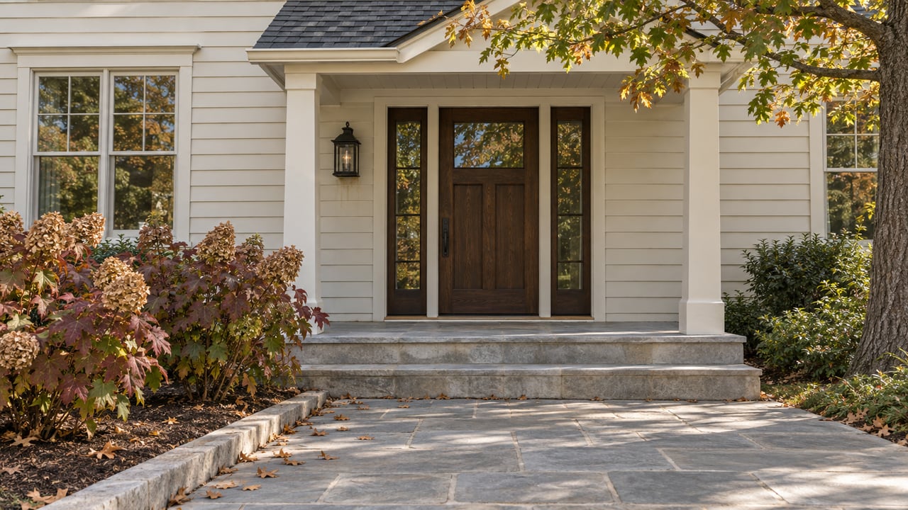 Ivory clapboard entry with a dark wood door, limestone steps and walkway, and oakleaf hydrangeas in autumn color.